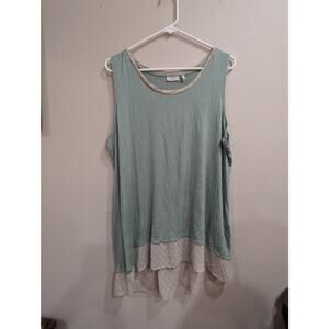 Flirty sea green sleeveless shell/tank top w/cream Swiss dot sheer trim, XL